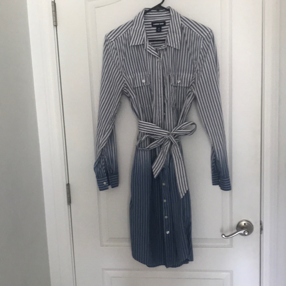 Lands' End Blue and White Striped Shirt Dress